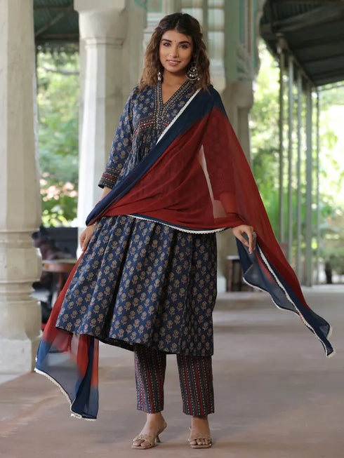 Women Navy Blue Ethnic Motifs Printed Empire Design Anarkali Kurta With Printed Trouser & Dupatta
